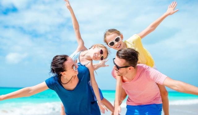 A family on a beach vacation.