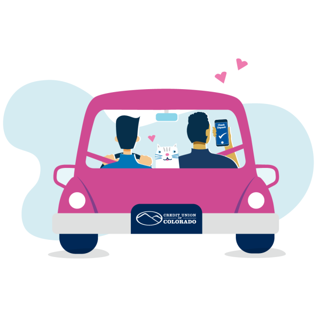 Couple driving away in car.