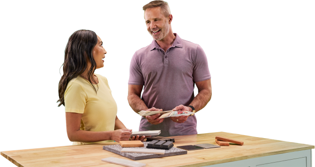 A couple looks at swatches together