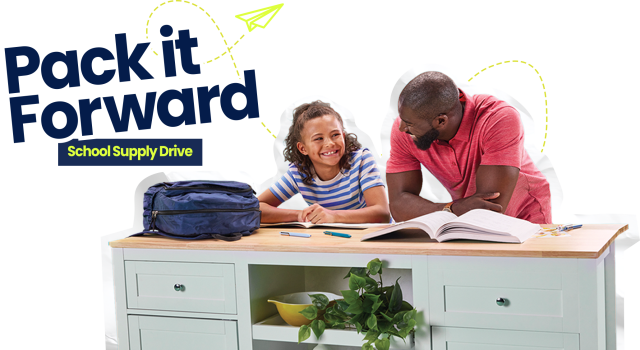 Child and father with backpack and text Pack it Forward