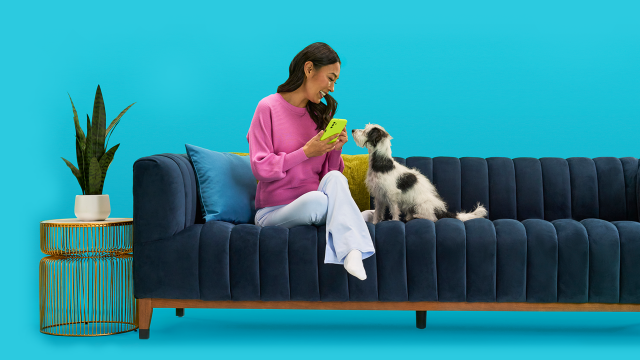 woman on couch with dog