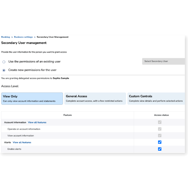 Change Secondary User Permissions Screen