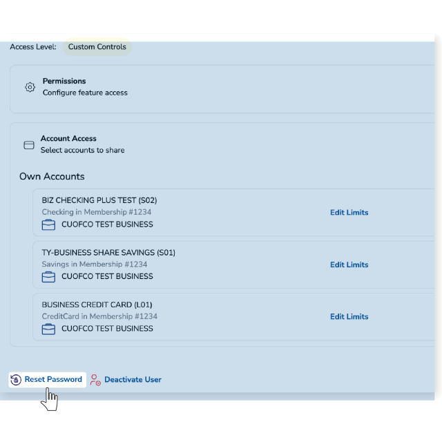 Reset Passwords for Secondary Users Screen