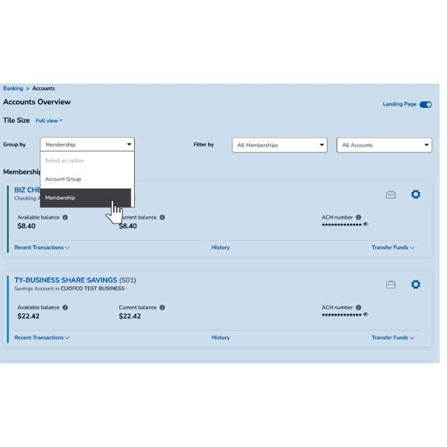 Sort Accounts by Membership or Type Screen